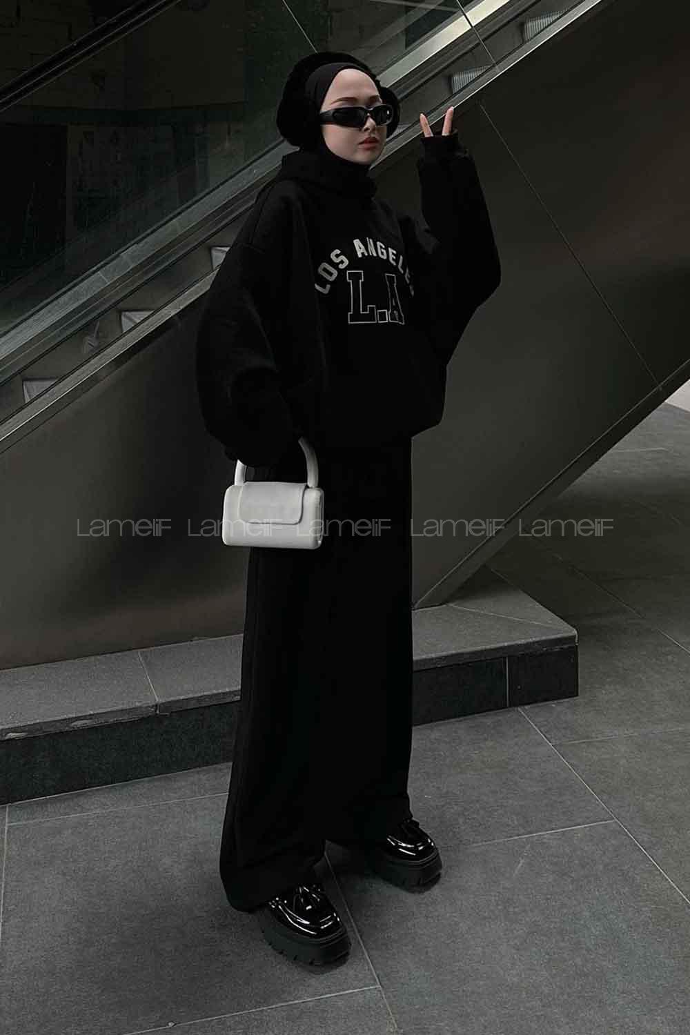 Black Hood Neck Long Arm Printed Sweatshirt