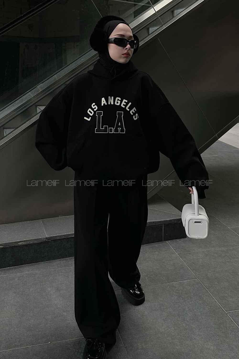 Black Hood Neck Long Arm Printed Sweatshirt