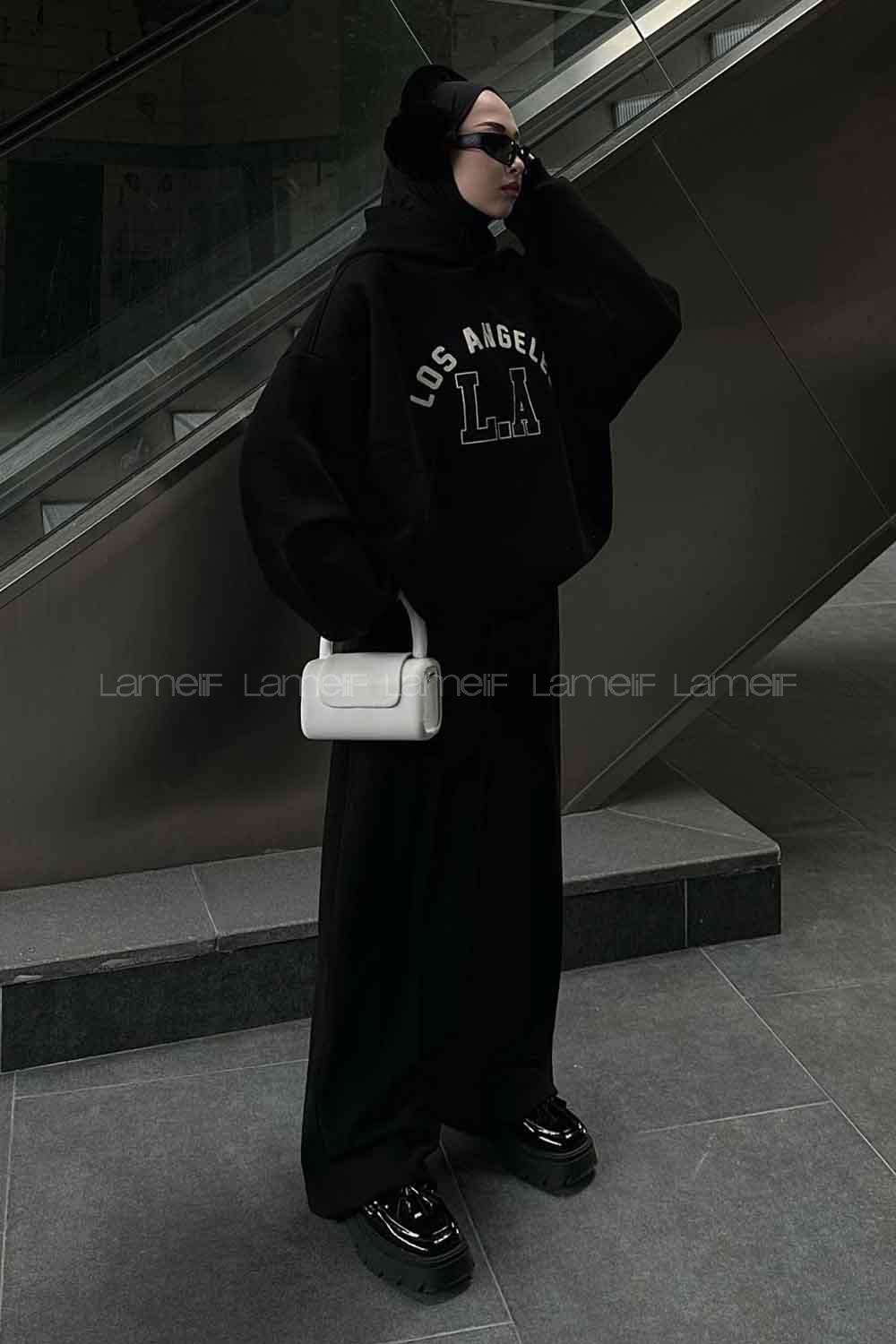 Black Hood Neck Long Arm Printed Sweatshirt