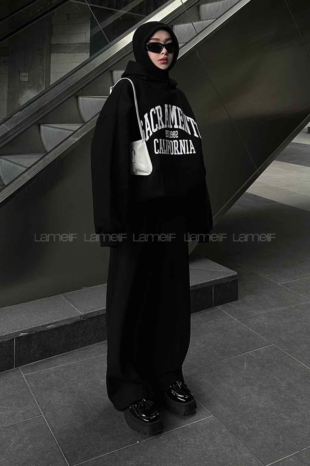 Lamelif Sacramento Baskılı Oversize Sweatshirt Siyah