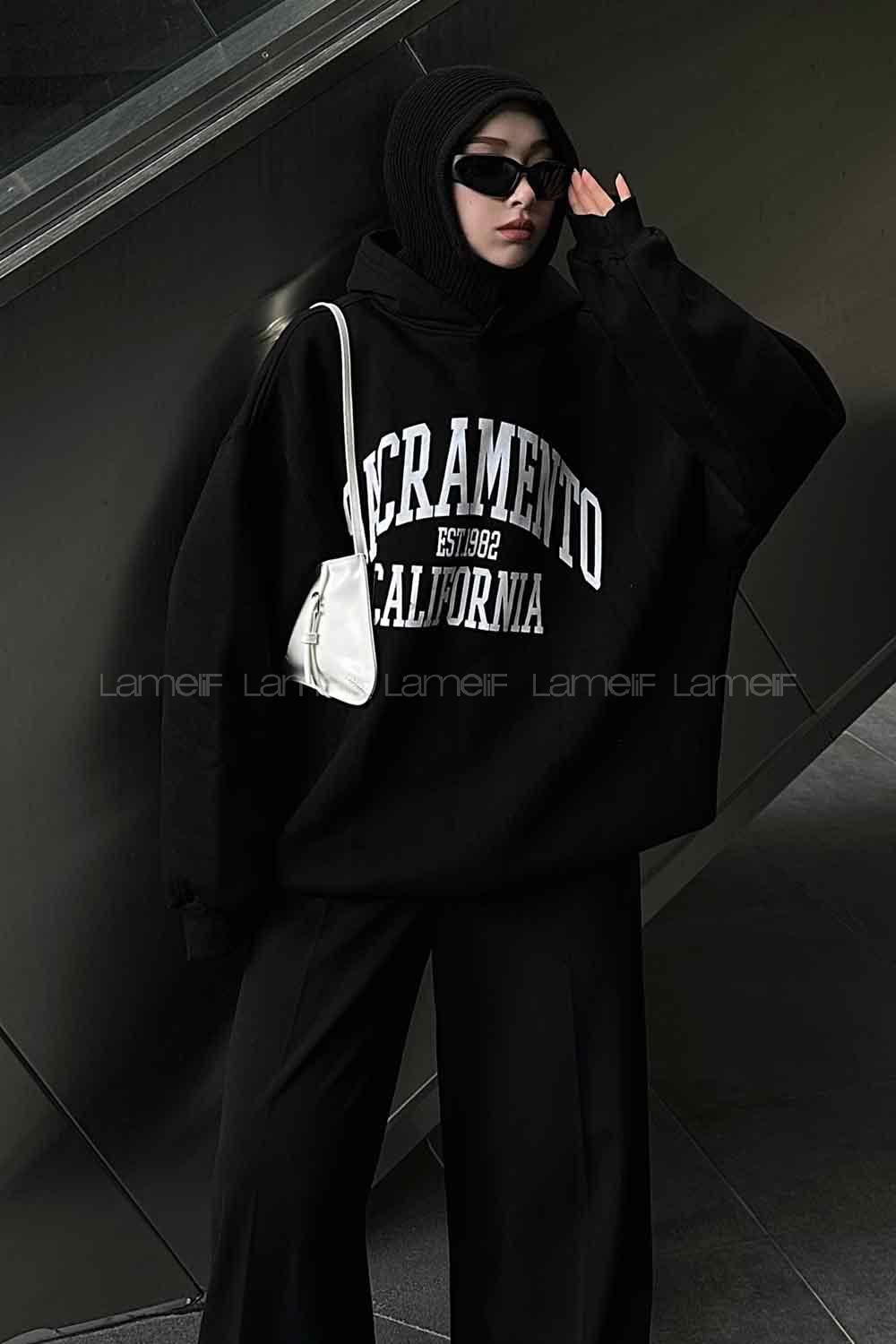 Lamelif Sacramento Baskılı Oversize Sweatshirt Siyah