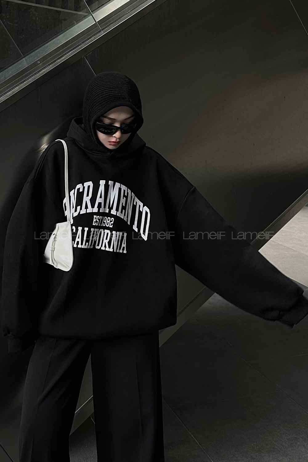 Lamelif Sacramento Baskılı Oversize Sweatshirt Siyah