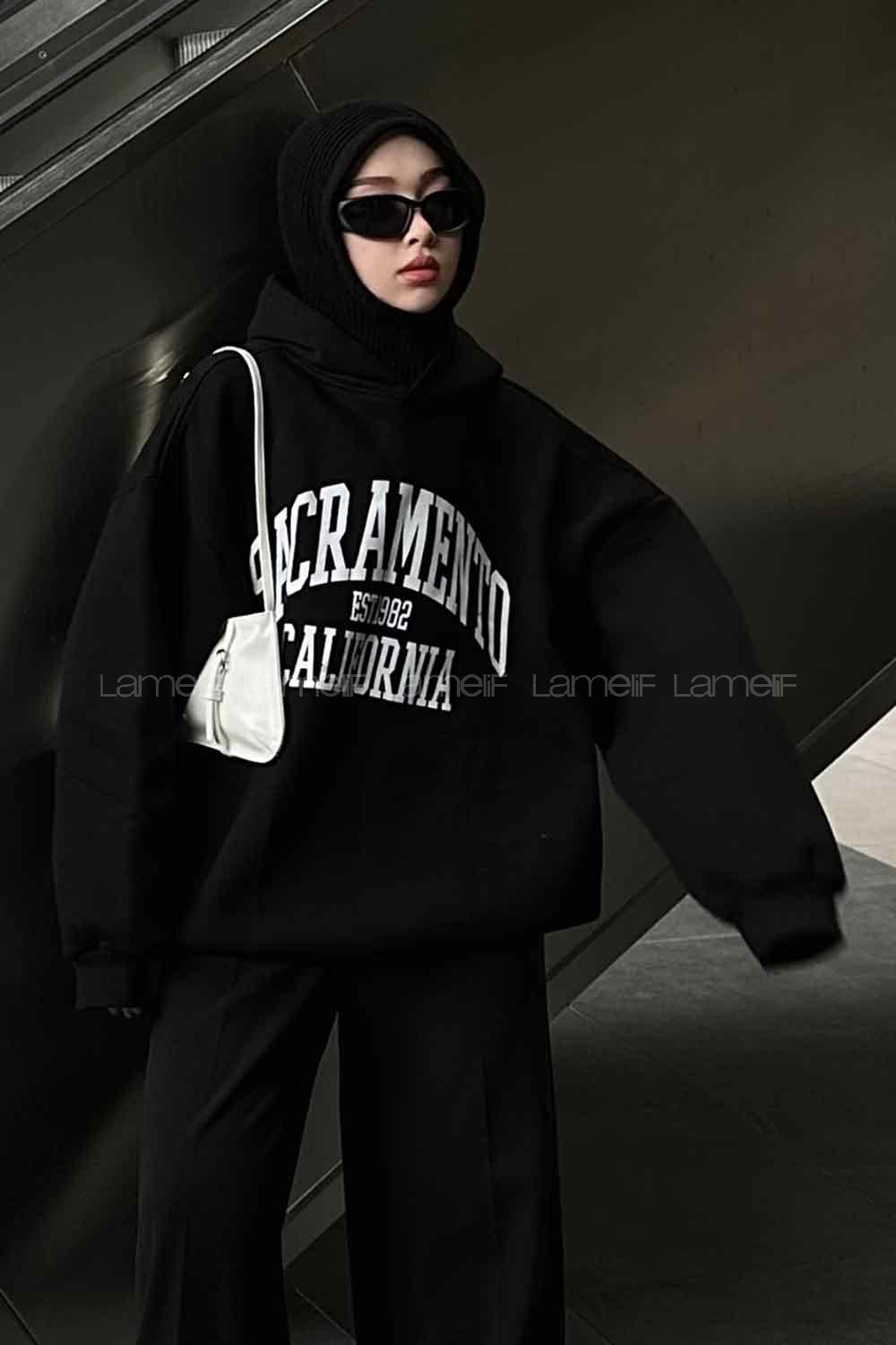 Lamelif Sacramento Baskılı Oversize Sweatshirt Siyah