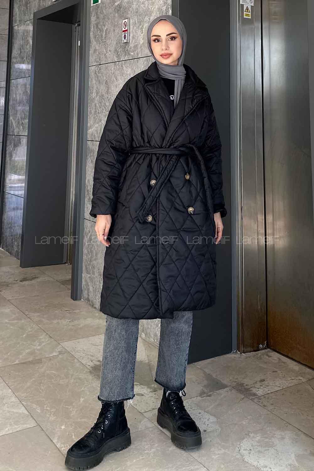 Lamelif Bağlama Detaylı Kapitone Mont Siyah