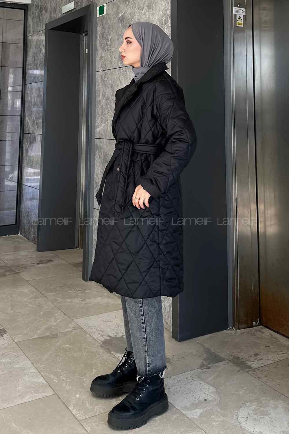 Lamelif Bağlama Detaylı Kapitone Mont Siyah