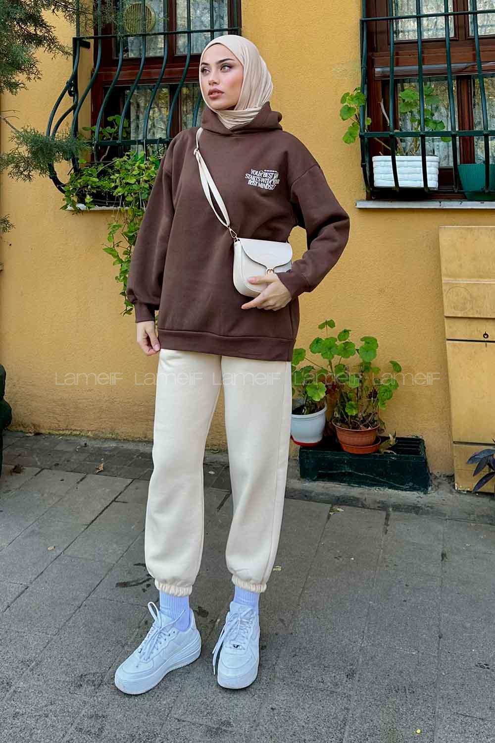 Lamelif Arka Ve Yaka Baskı Detaylı Sweatshirt Acı Kahve