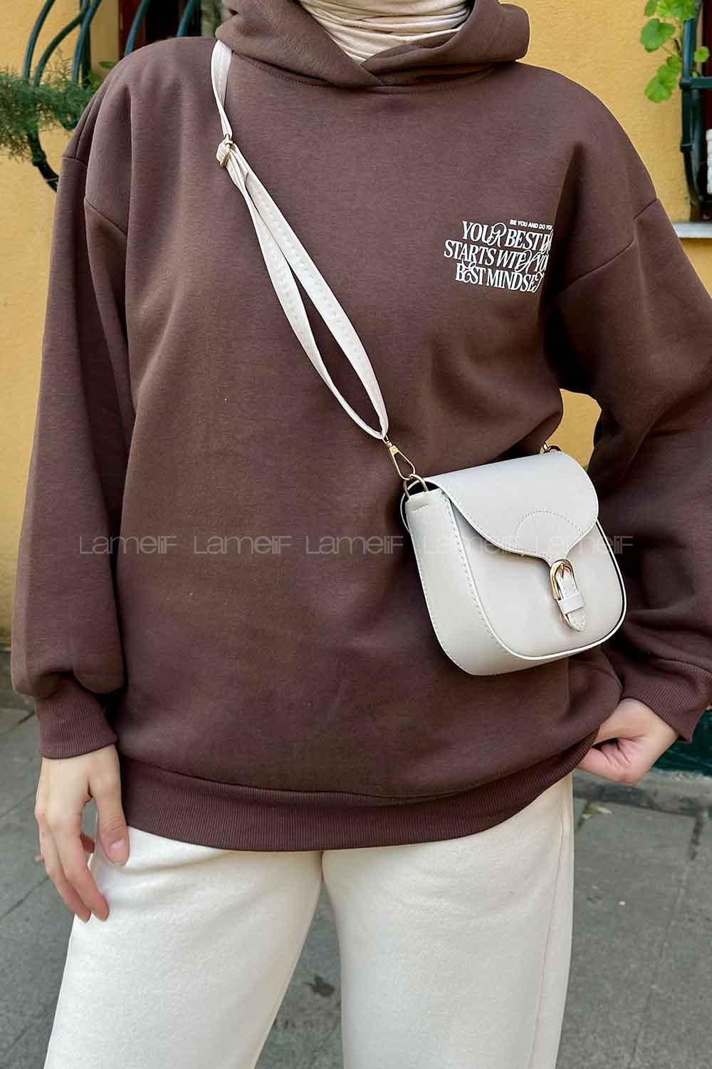 Lamelif Arka Ve Yaka Baskı Detaylı Sweatshirt Acı Kahve