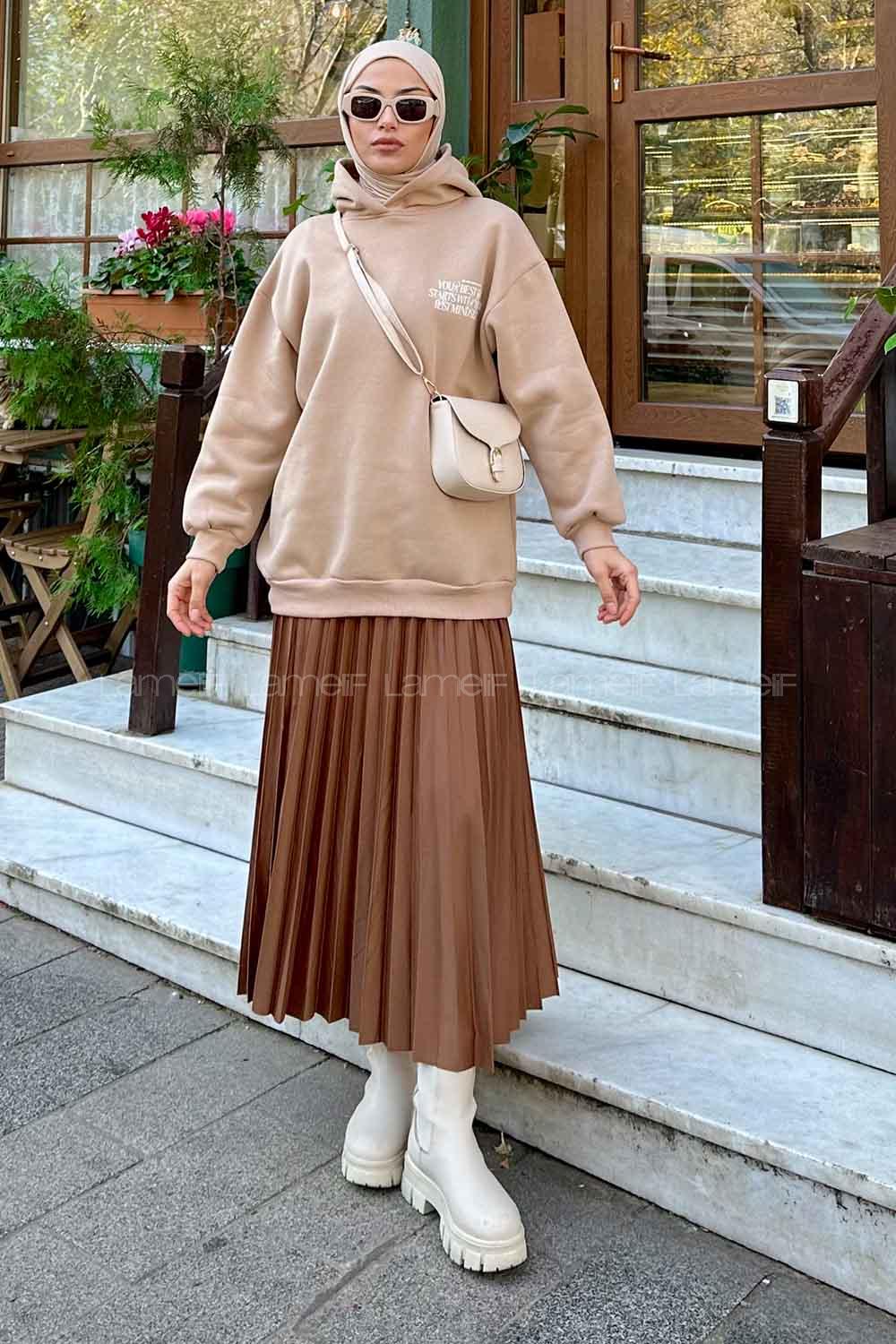 Lamelif Arka Ve Yaka Baskı Detaylı Sweatshirt Sütlü Kahve