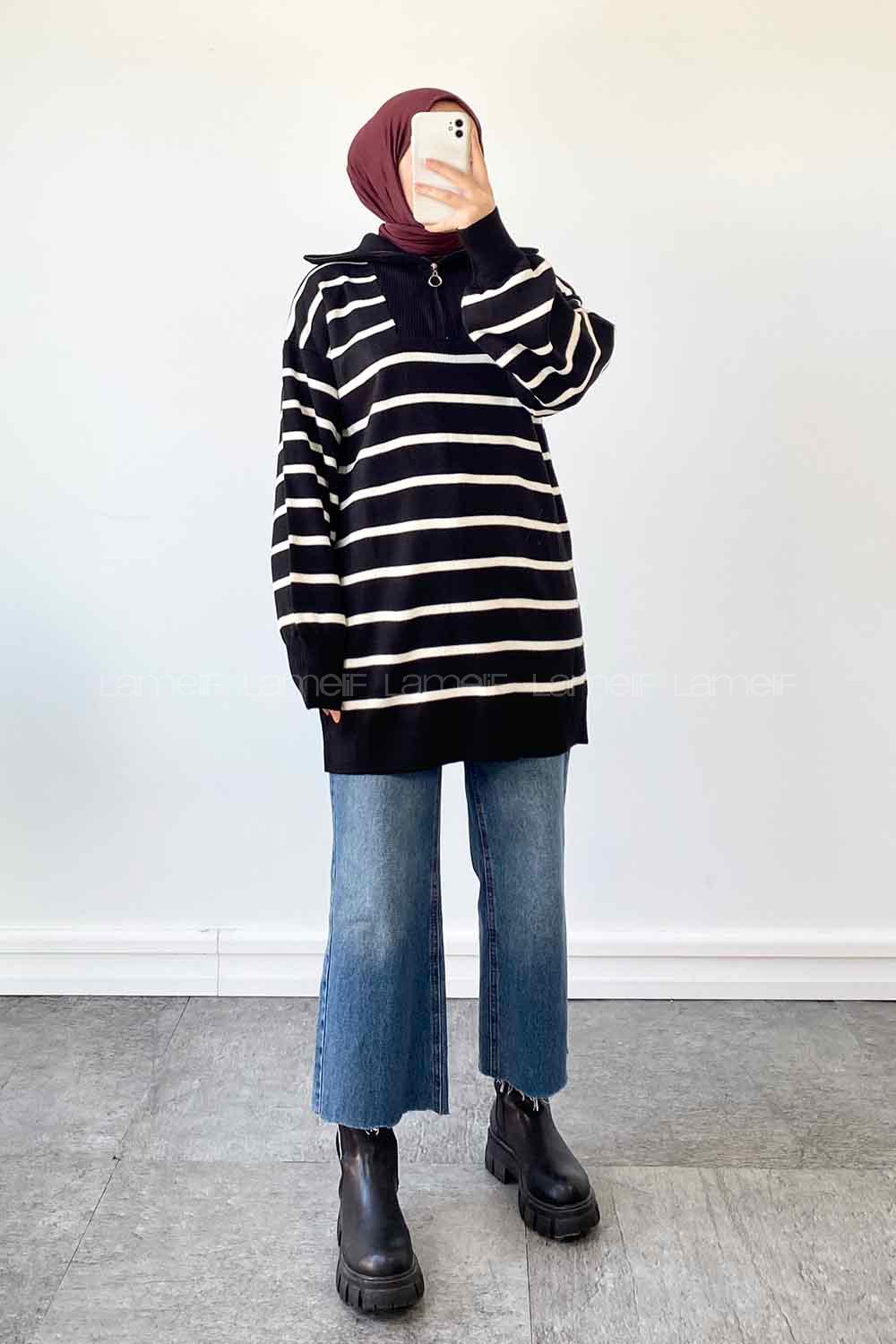 Black White Zippered Neck Balloon Sleeve Arm Jumper