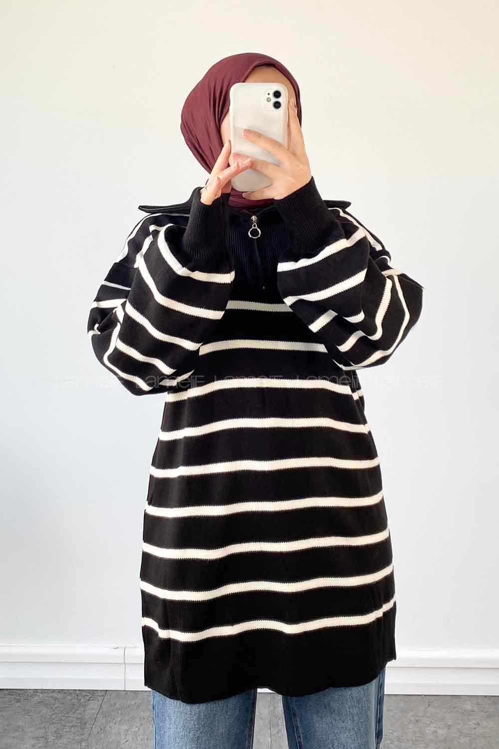 Black White Zippered Neck Balloon Sleeve Arm Jumper