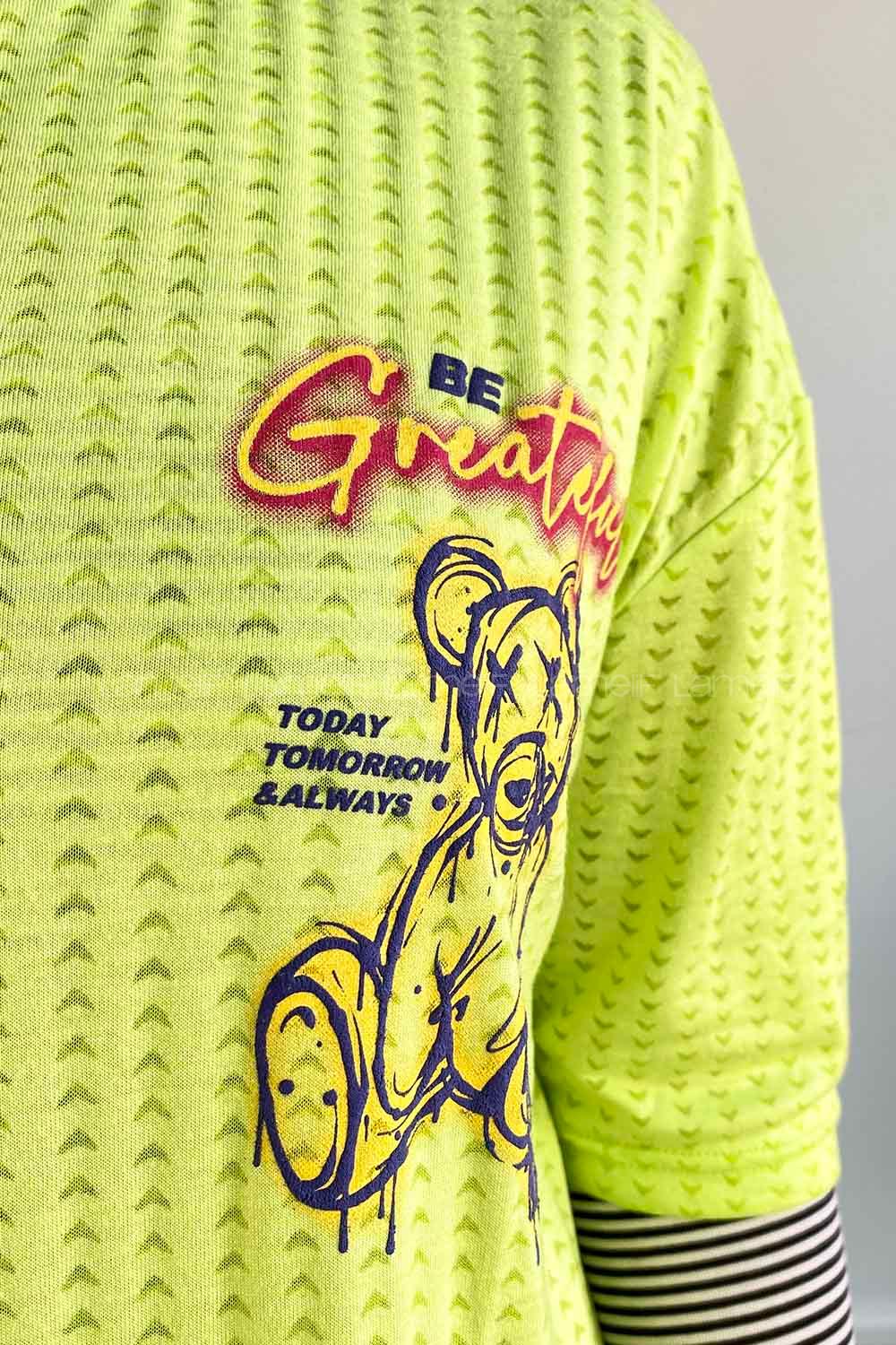 Neon Green Crew Neck Short Arm Combed Fabric Printed T-shirt