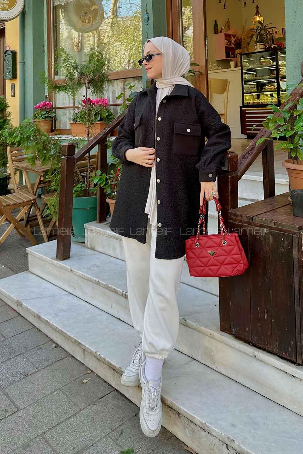 Lamelif Boydan Düğmeli Buklet Gömlek Siyah