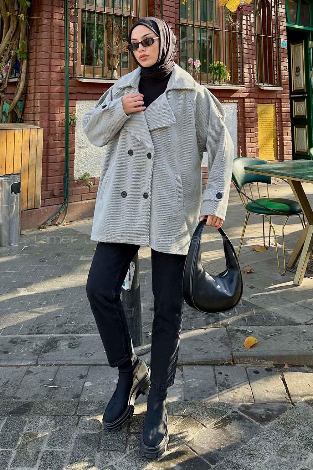 Gray V Neck Long Arm Stamp Fabric Coat