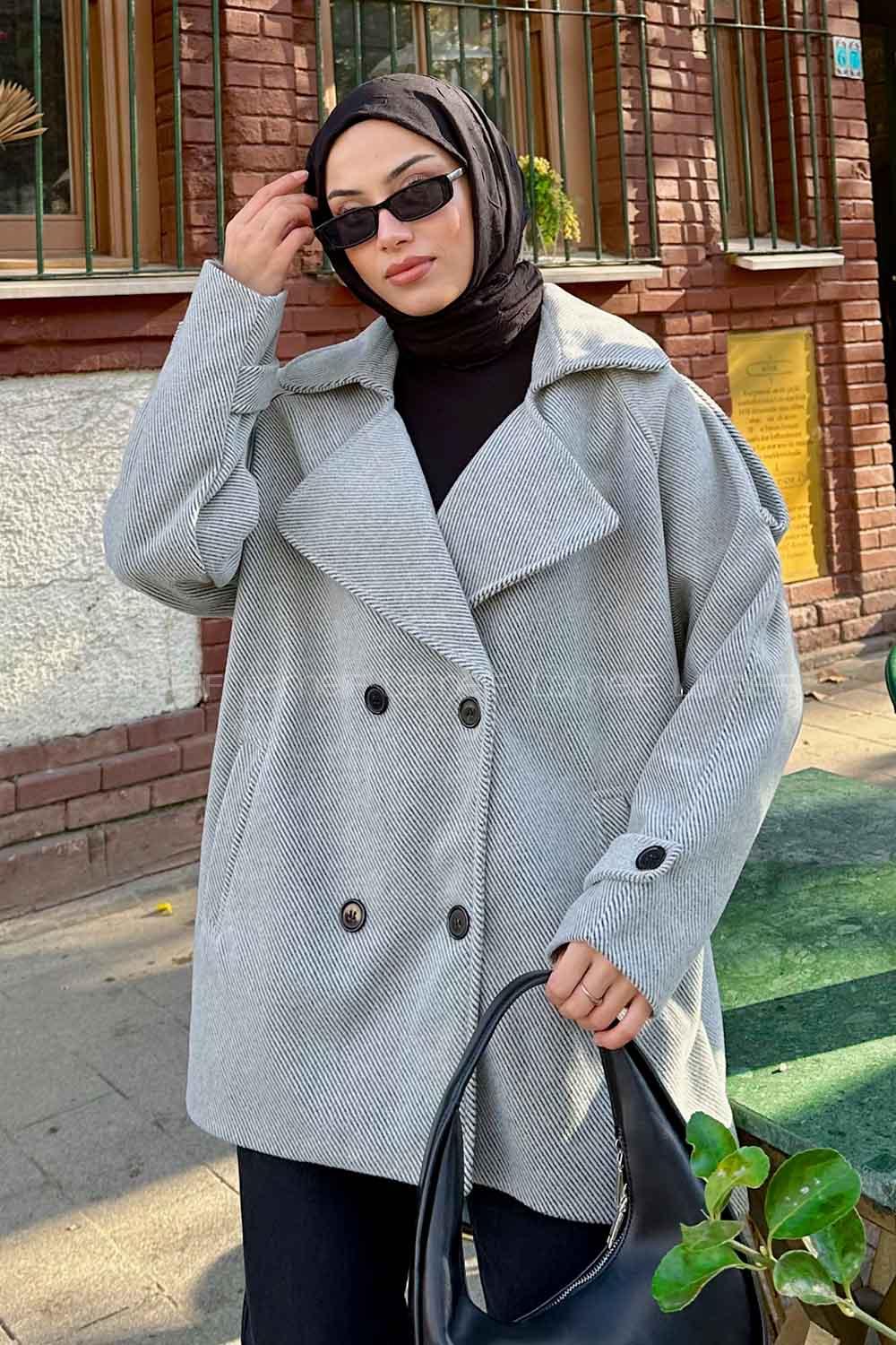 Gray V Neck Long Arm Stamp Fabric Coat