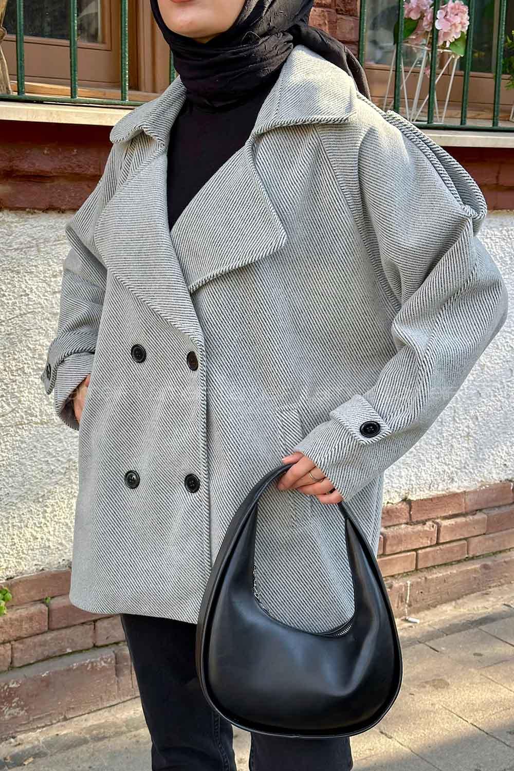 Gray V Neck Long Arm Stamp Fabric Coat