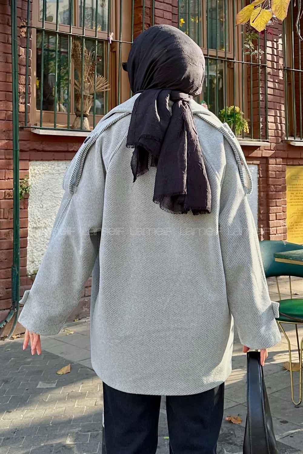 Gray V Neck Long Arm Stamp Fabric Coat