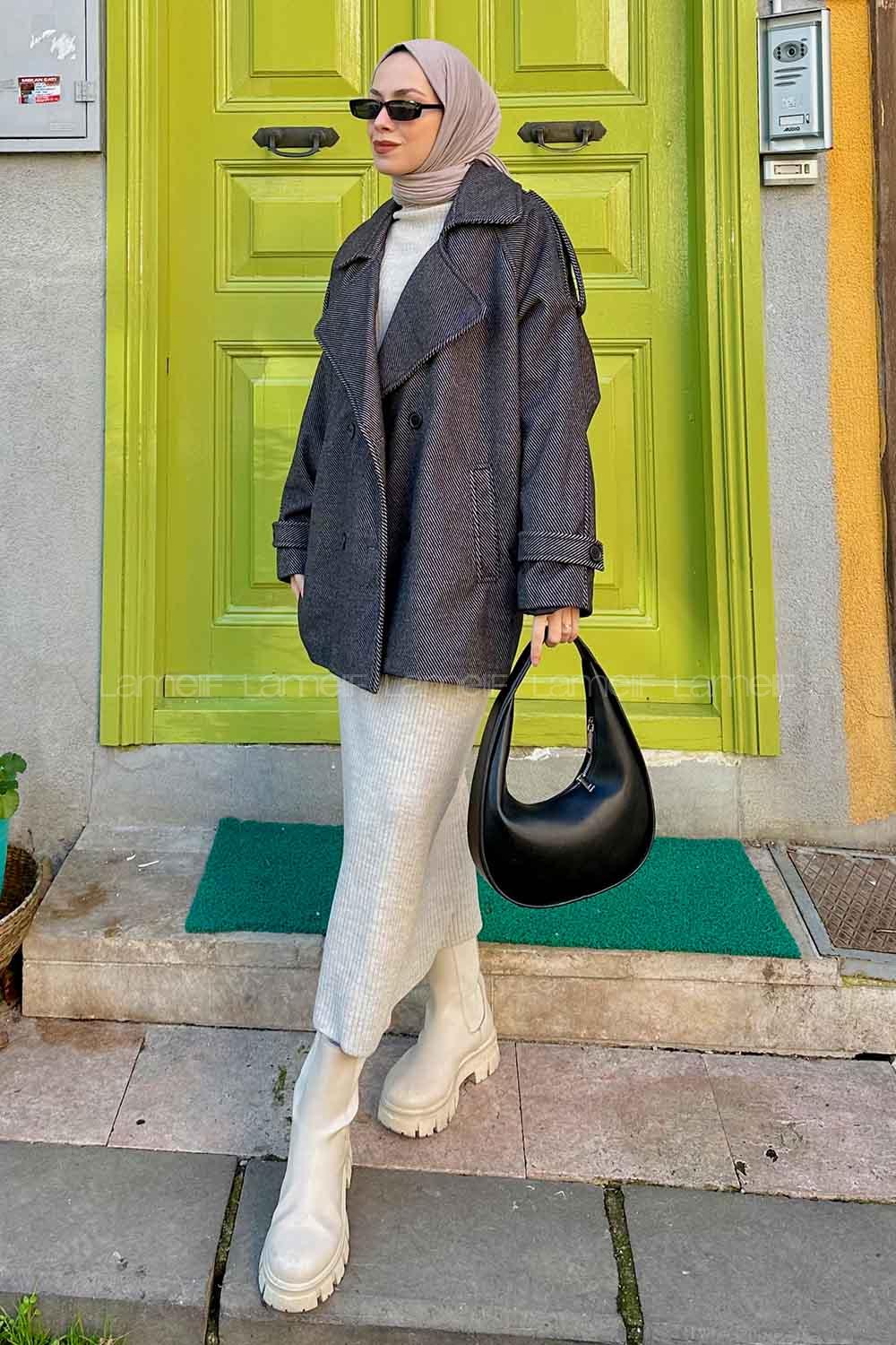 Modalamelif Çizgili Kısa Kaban Siyah