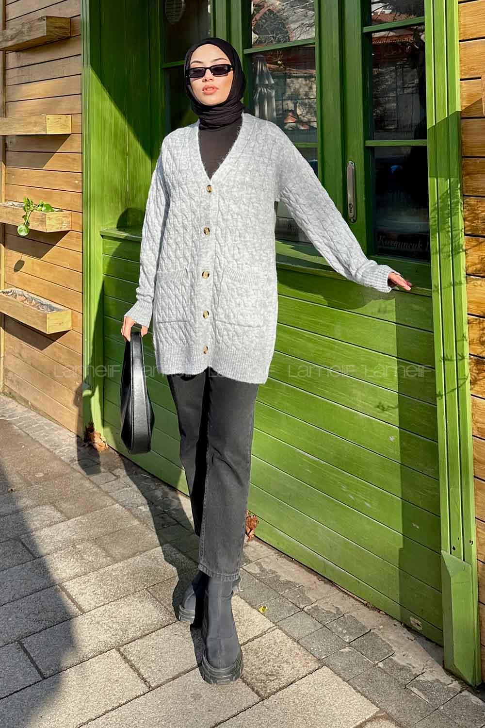 Lamelif Örgü detaylı Hırka Gri