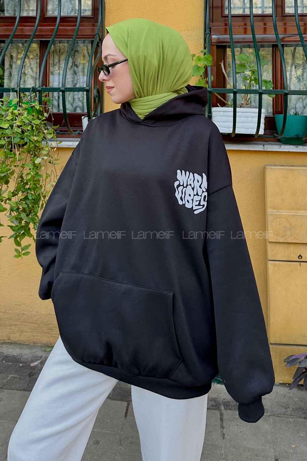 Lamelif Warmvibes Baskılı Sweatshirt Siyah