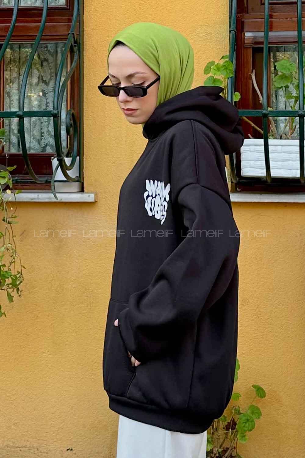 Lamelif Warmvibes Baskılı Sweatshirt Siyah