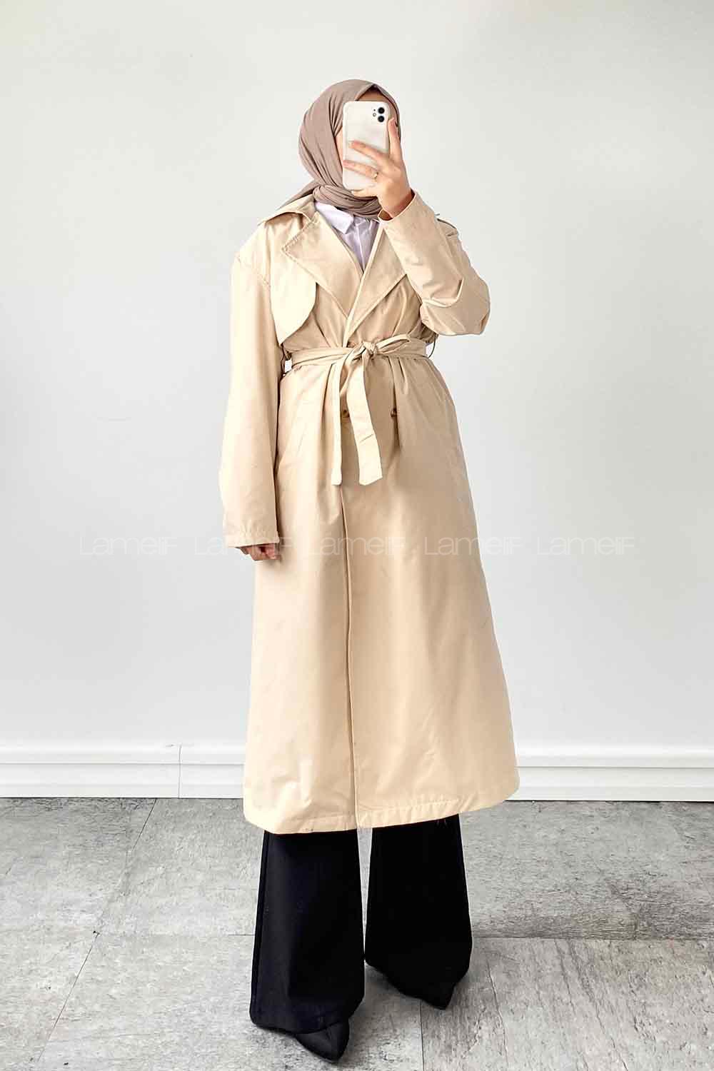  Long Arm Belted Poplin Fabric Trench Coat