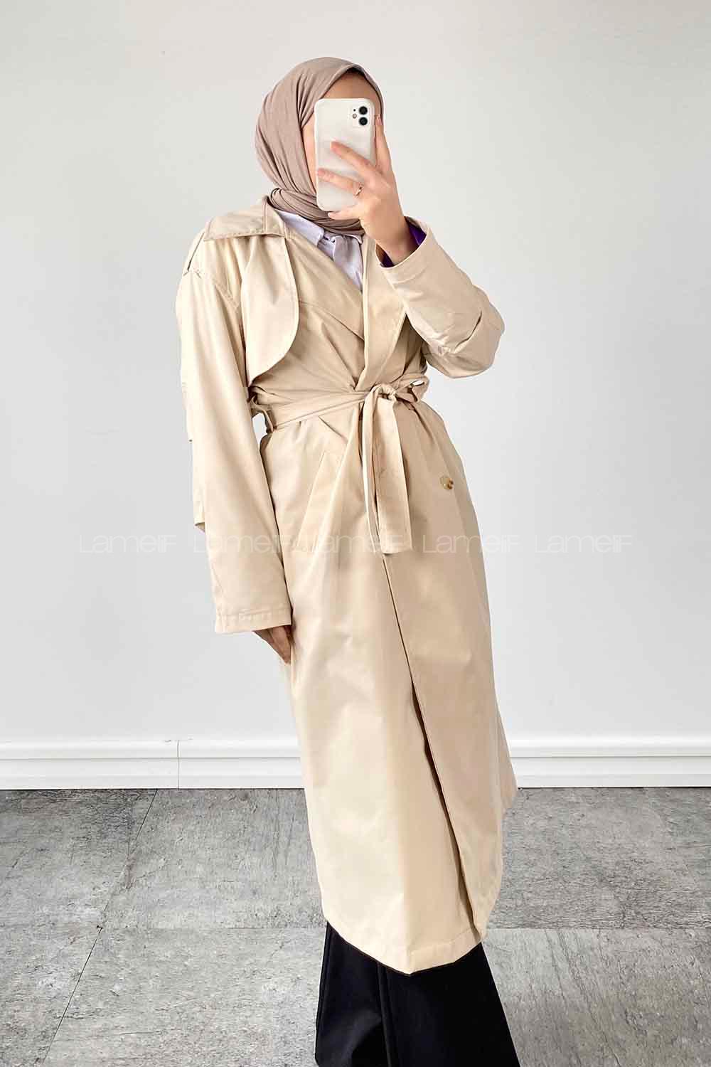  Long Arm Belted Poplin Fabric Trench Coat