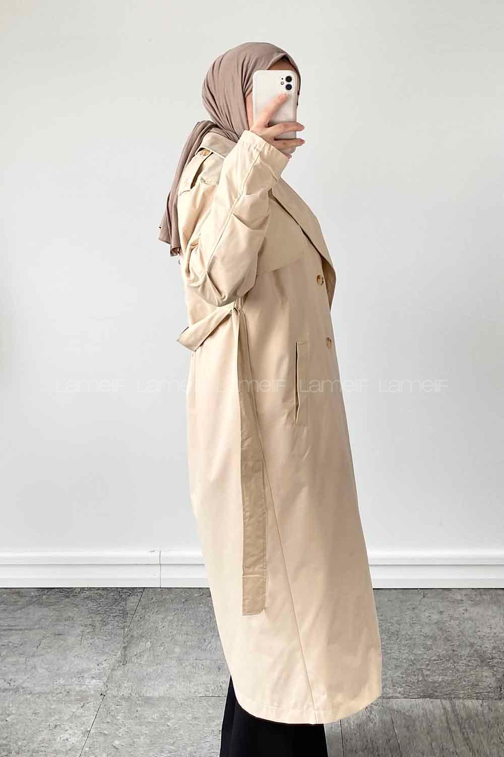  Long Arm Belted Poplin Fabric Trench Coat