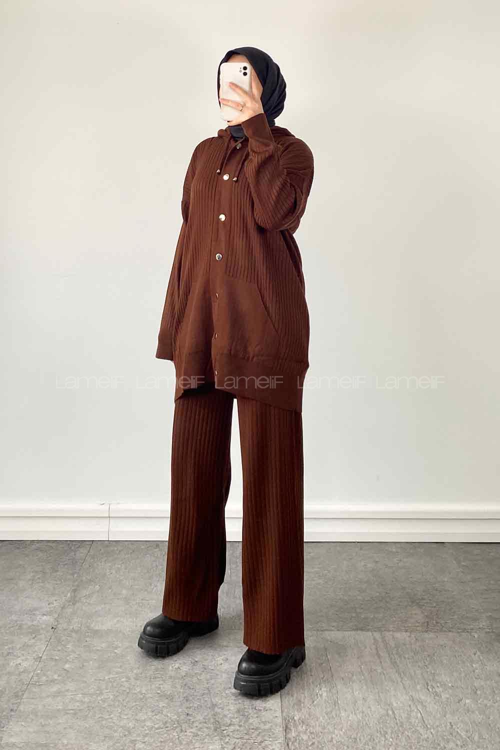 Lamelif Ines Kapüşonlu Fitilli Tesettür Takım Acı Kahve