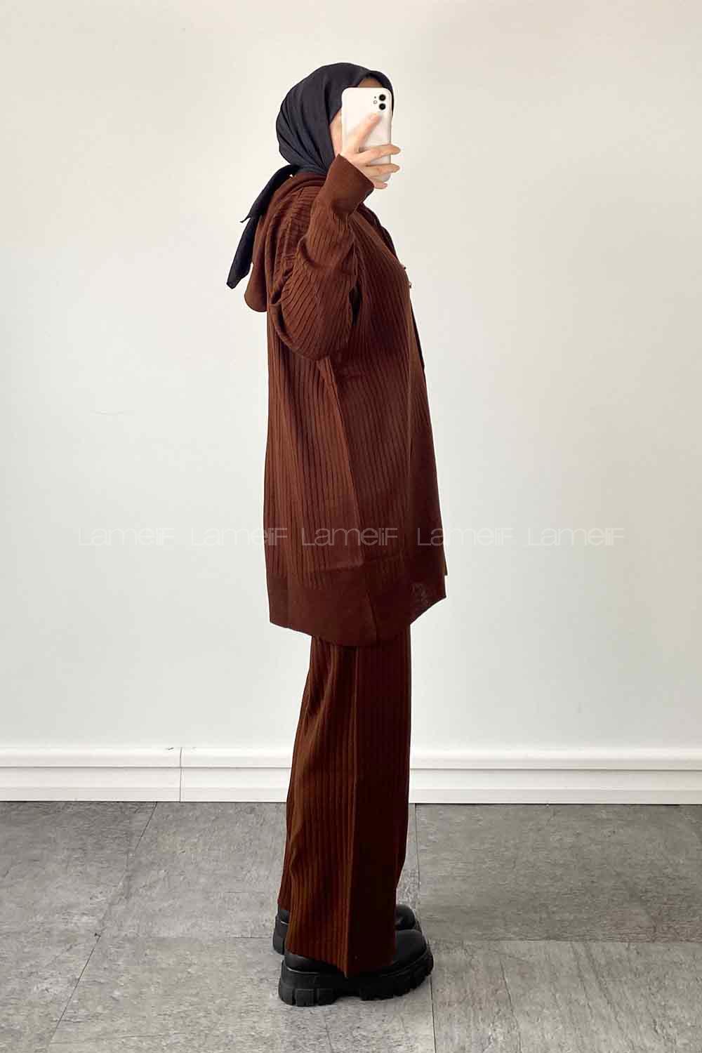 Lamelif Ines Kapüşonlu Fitilli Tesettür Takım Acı Kahve