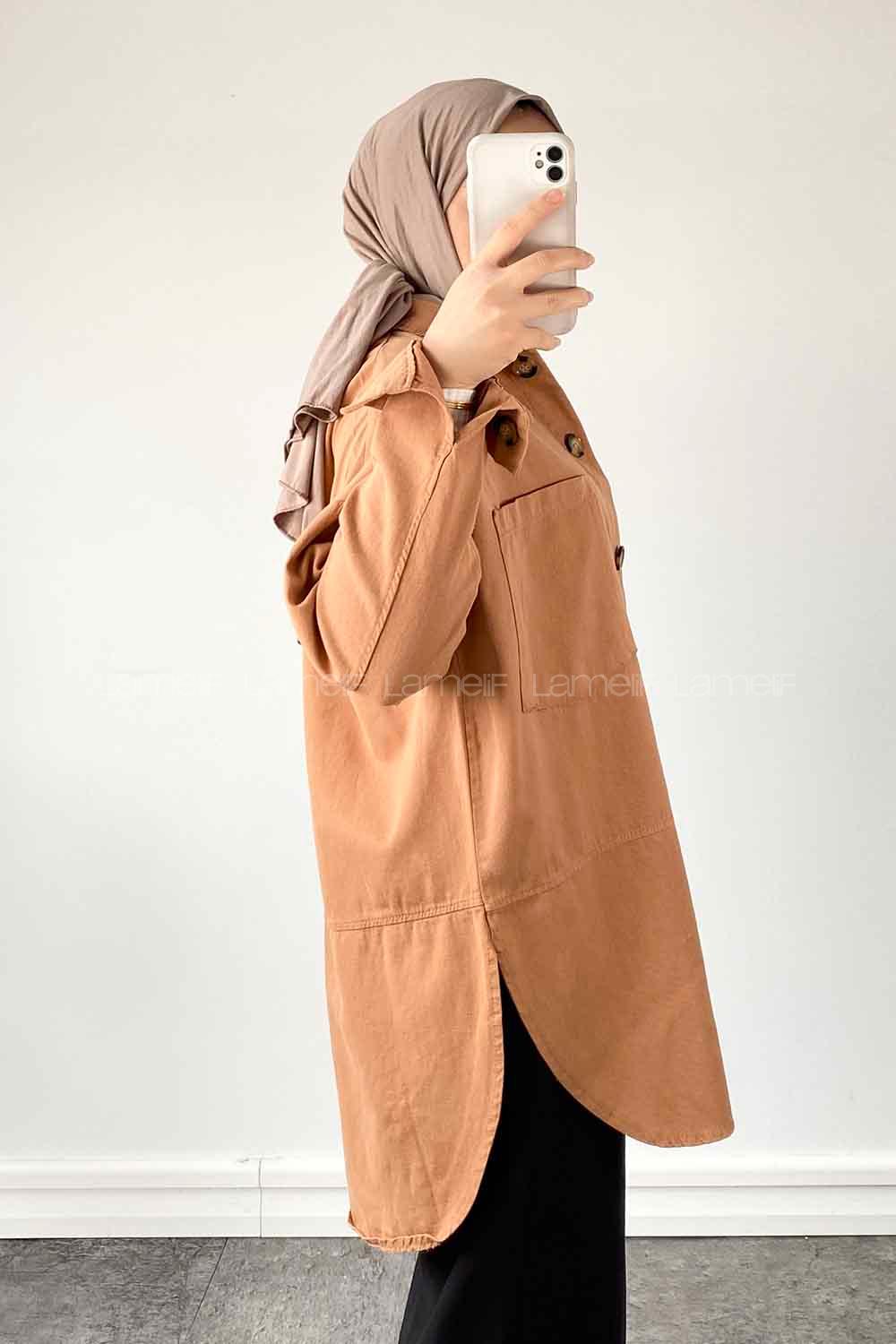 Brown With Milk Shirt Collar Long Arm Cotton Fabric Jacket