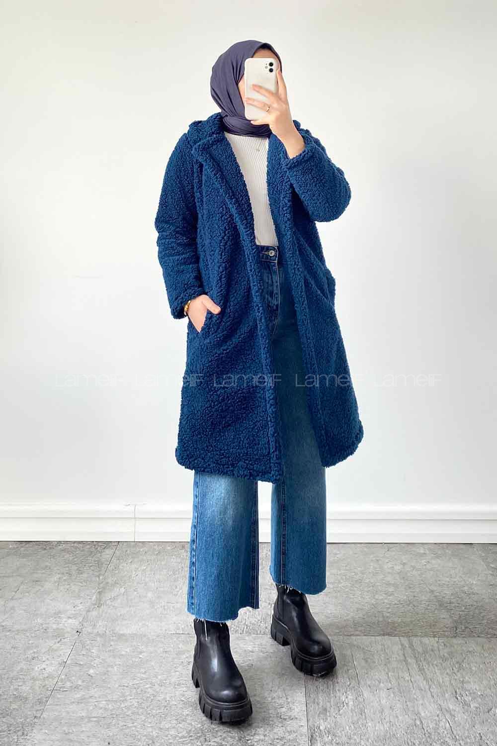 Modalamelif  Tek Düğmeli Peluş Kaban Petrol Mavisi