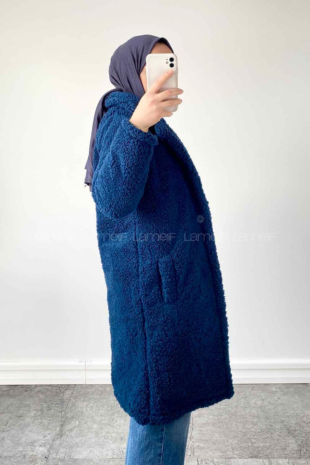 Modalamelif  Tek Düğmeli Peluş Kaban Petrol Mavisi