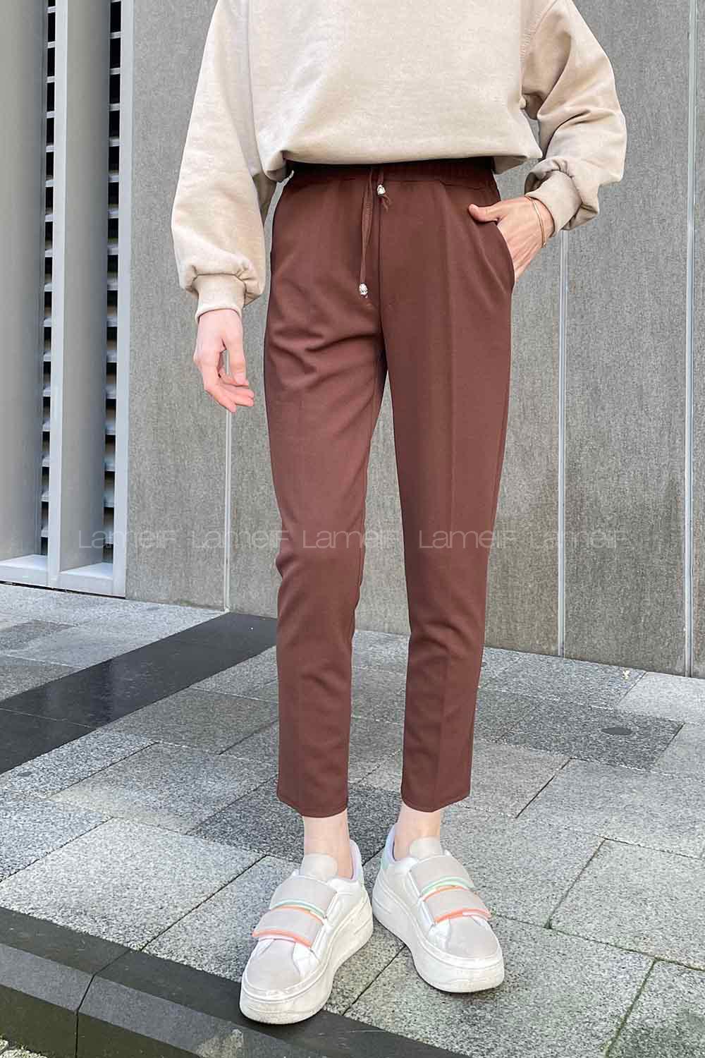 Lamelif Bel Lastikli Kalem Pantolon Acı Kahve