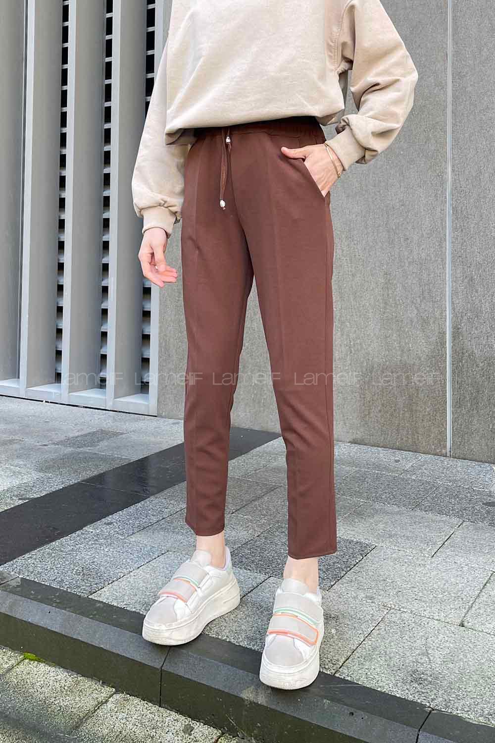 Lamelif Bel Lastikli Kalem Pantolon Acı Kahve