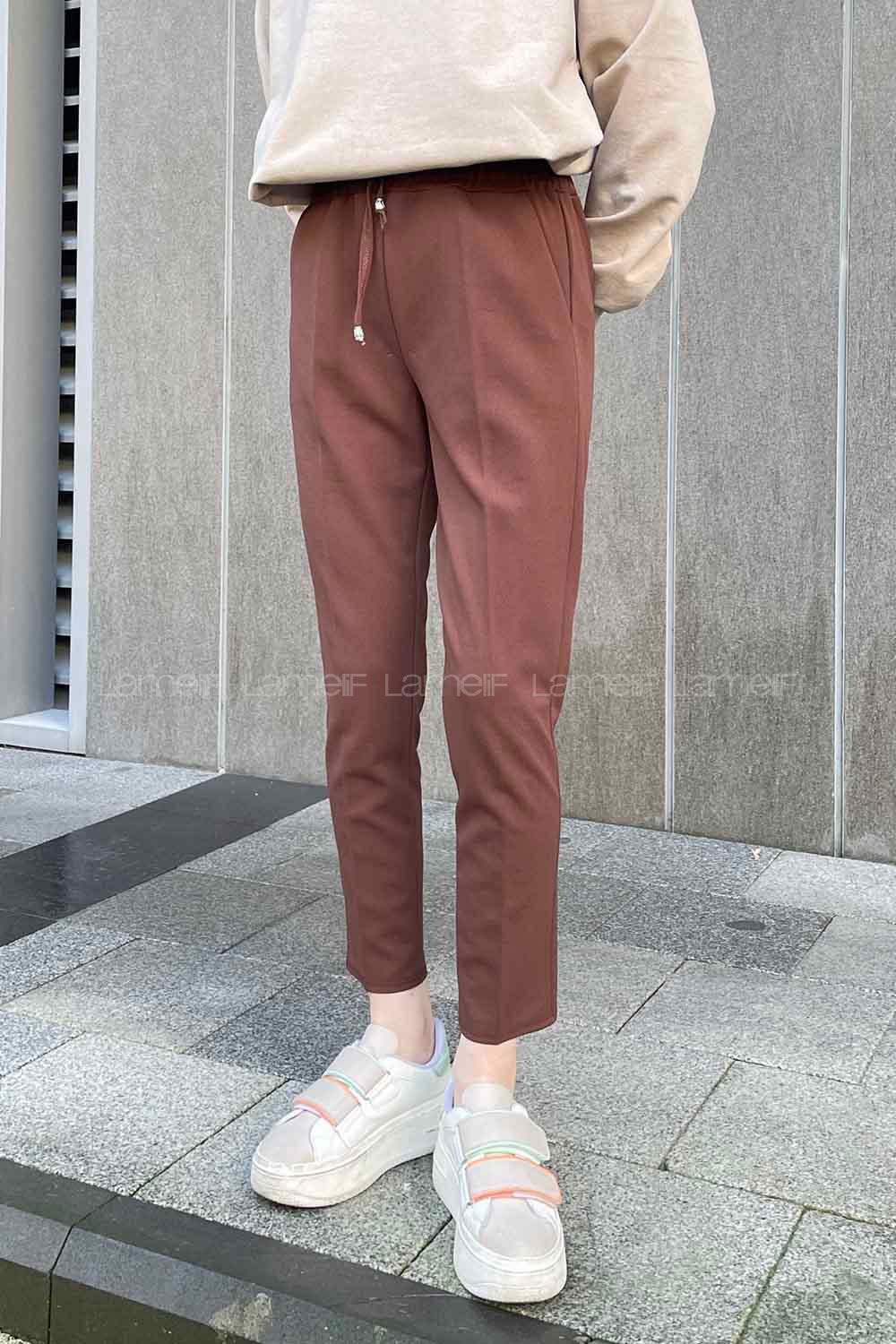 Lamelif Bel Lastikli Kalem Pantolon Acı Kahve