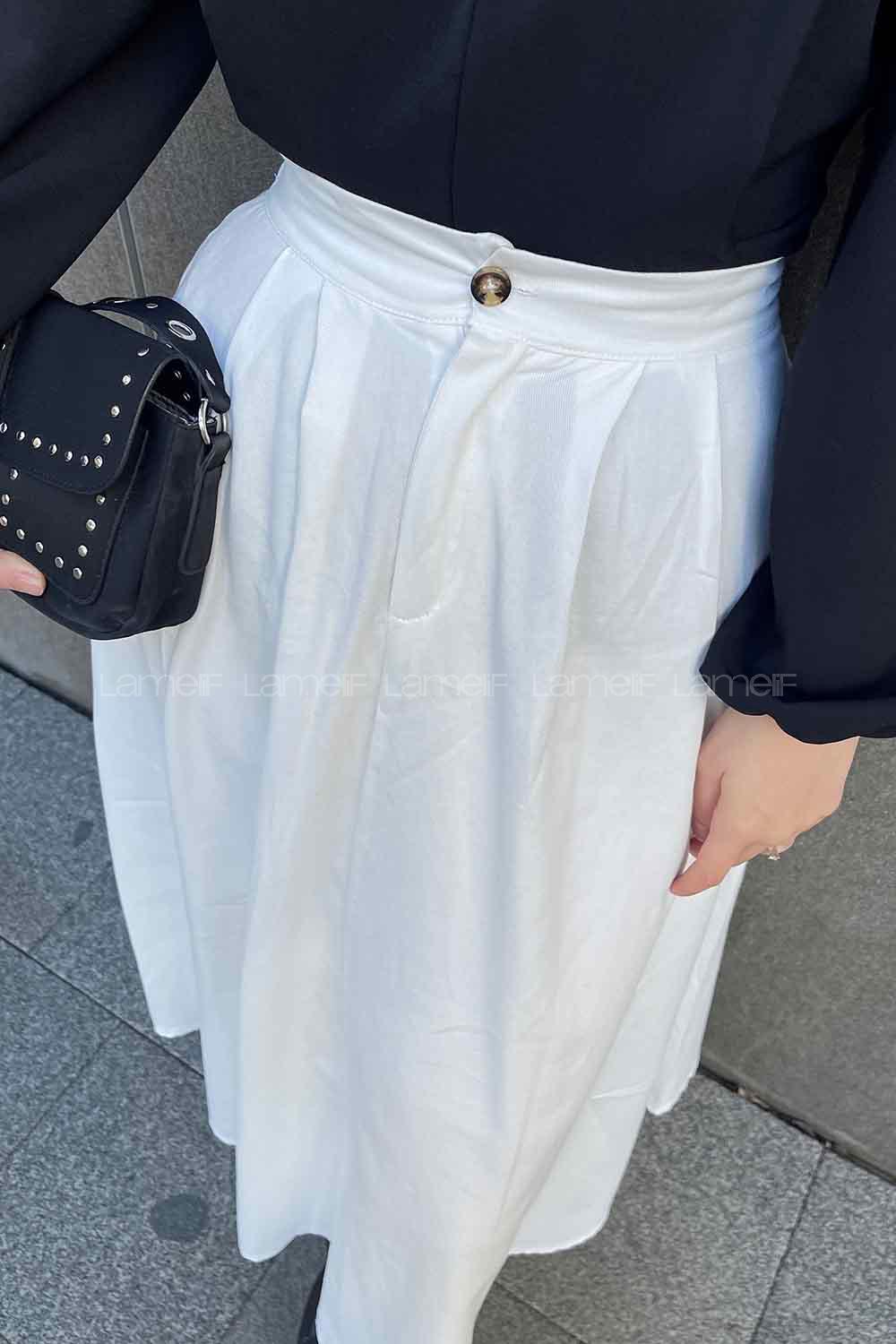 Lamelif Cep Detaylı Kloş Keten Etek Beyaz