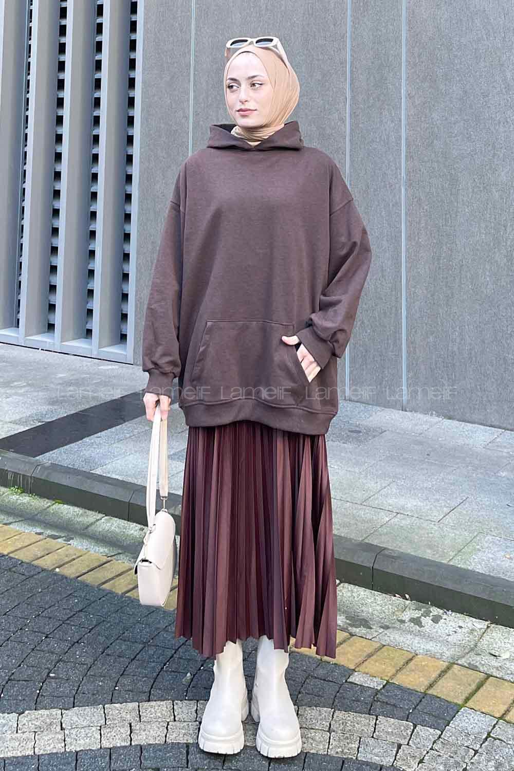 Lamelif Kapüşon Detaylı Kanguru Cep Sweatshirt Kahverengi