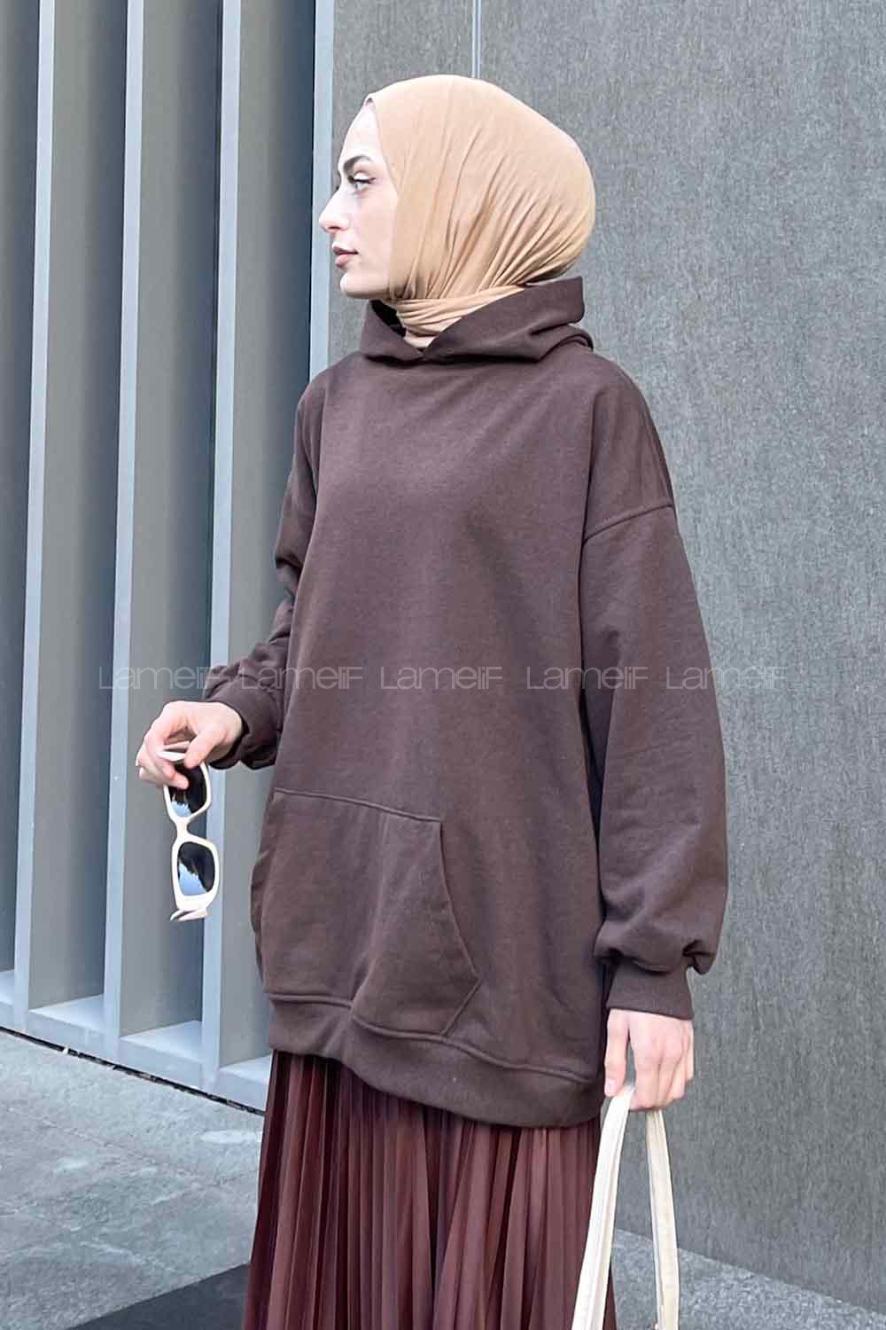 Lamelif Kapüşon Detaylı Kanguru Cep Sweatshirt Kahverengi