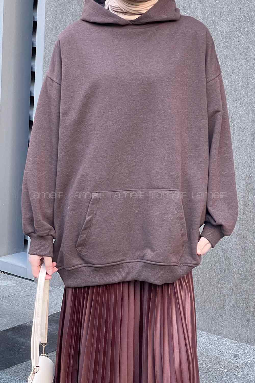 Lamelif Kapüşon Detaylı Kanguru Cep Sweatshirt Kahverengi