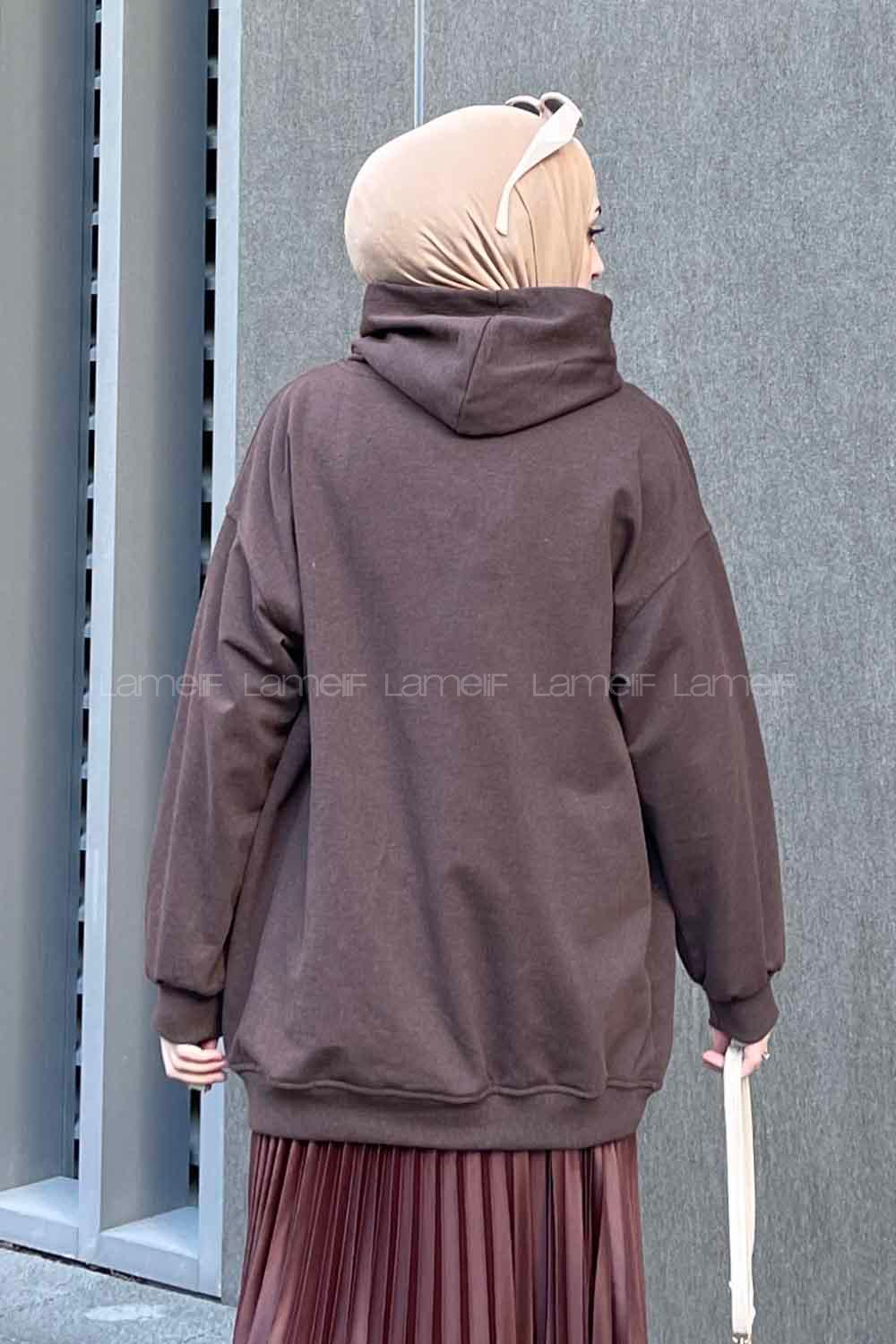 Lamelif Kapüşon Detaylı Kanguru Cep Sweatshirt Kahverengi