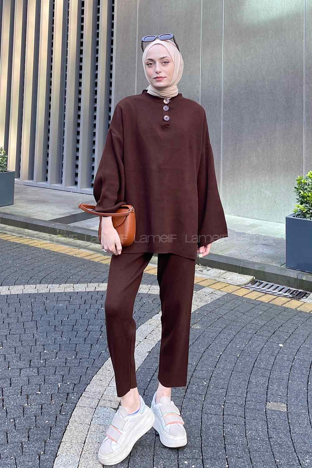 Bitter Brown Mandarin Collar Long Arm Without Accessories Knitwear Regular Trousers Comfortable Suit