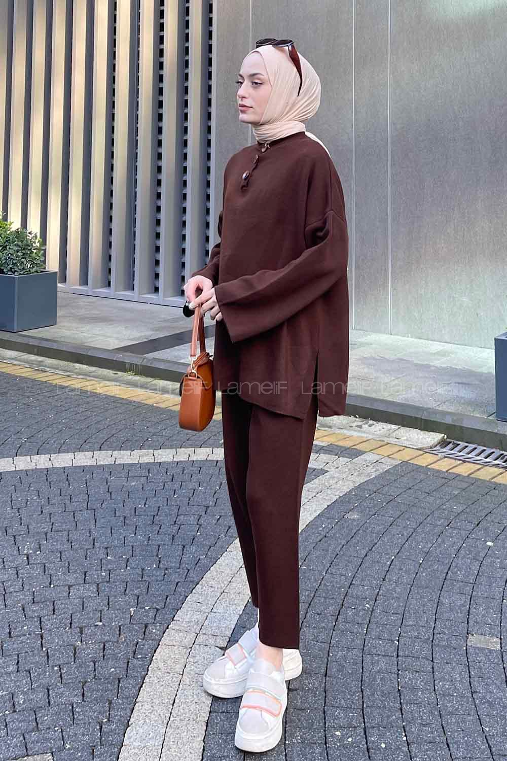 Bitter Brown Mandarin Collar Long Arm Without Accessories Knitwear Regular Trousers Comfortable Suit