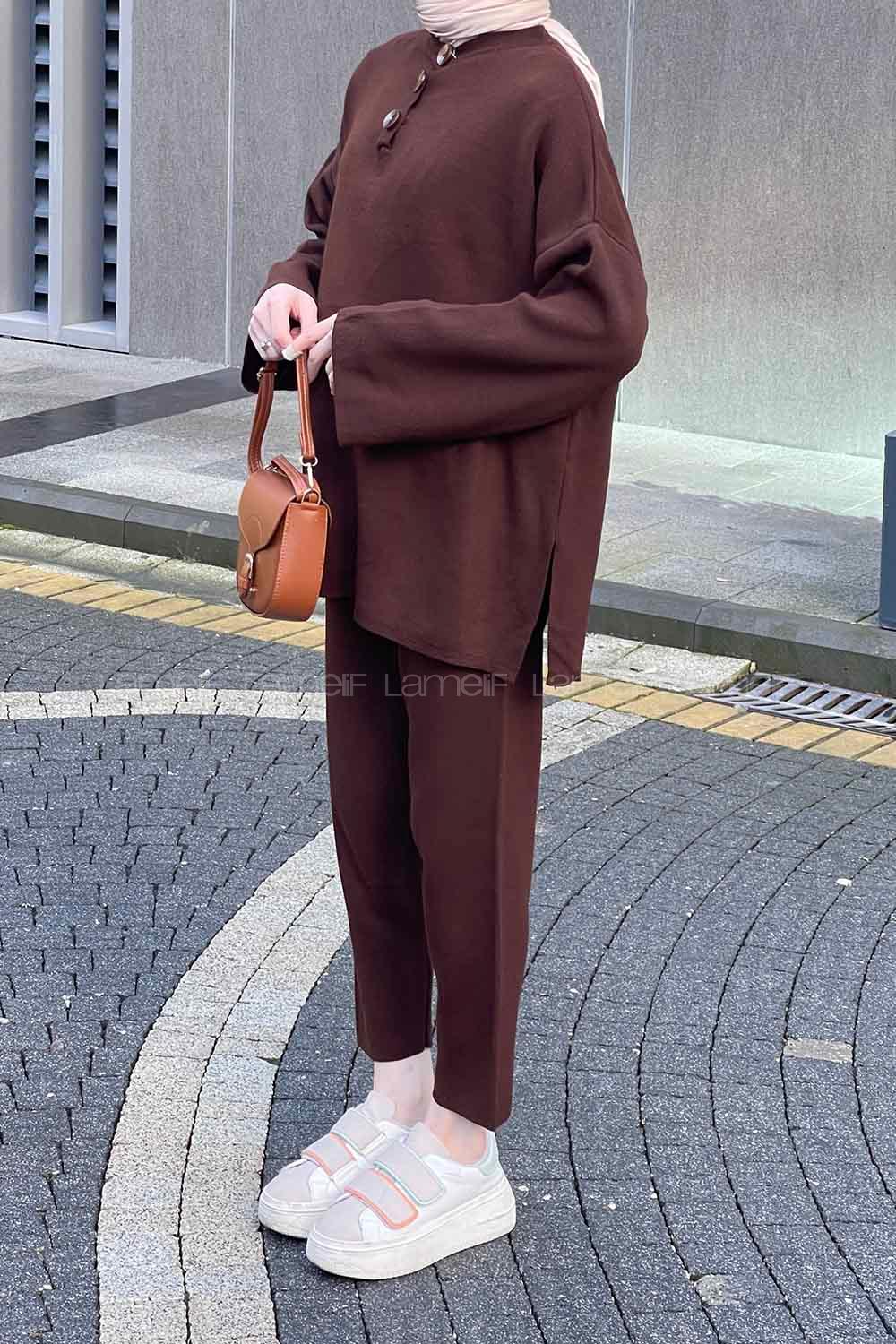 Bitter Brown Mandarin Collar Long Arm Without Accessories Knitwear Regular Trousers Comfortable Suit