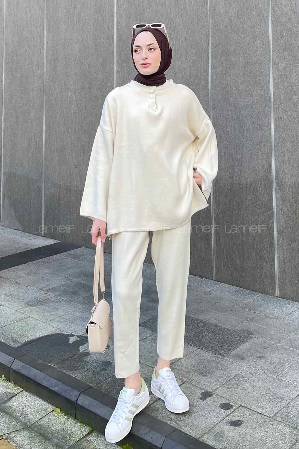 Lamelif Lively İkili Triko Tesettür Takım Ekru