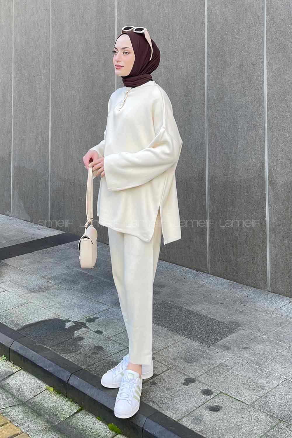 Lamelif Lively İkili Triko Tesettür Takım Ekru