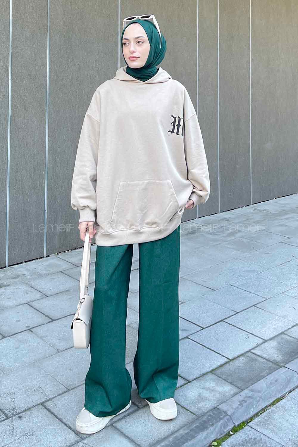 Beige Hood Neck Long Arm Printed Sweatshirt