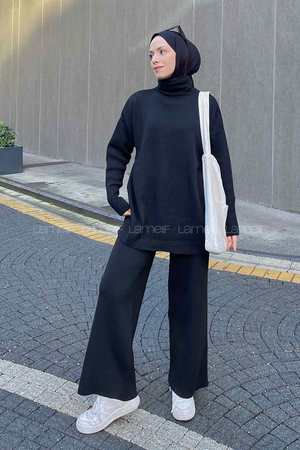 Black Choker Neck Long Arm Without Accessories Knitwear Regular Trousers Comfortable Suit