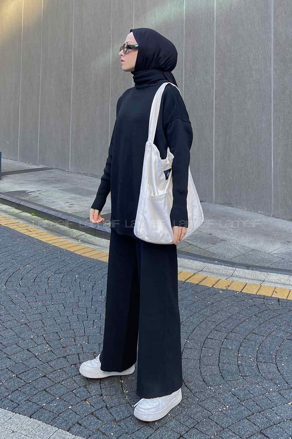 Black Choker Neck Long Arm Without Accessories Knitwear Regular Trousers Comfortable Suit