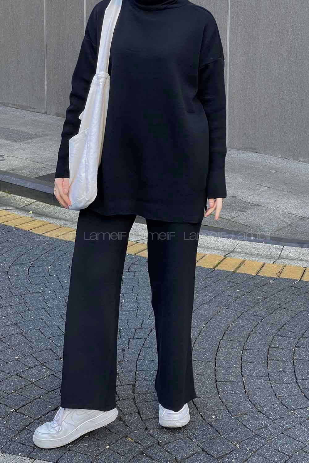 Black Choker Neck Long Arm Without Accessories Knitwear Regular Trousers Comfortable Suit