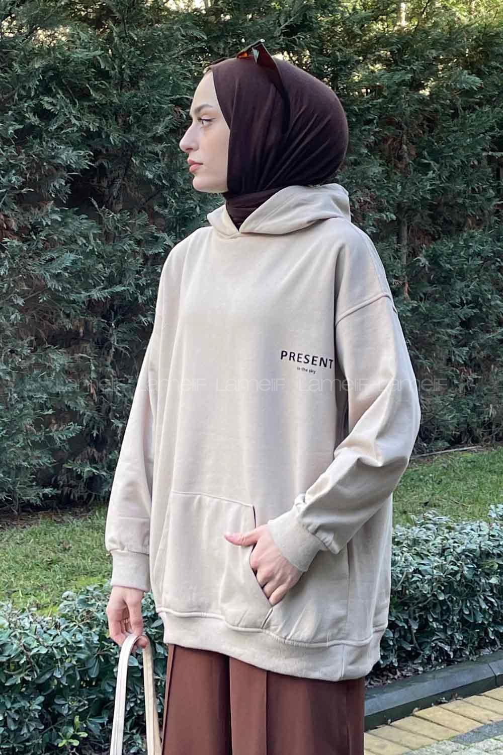 Lamelif Present Baskı Detaylı Sweatshirt Bej